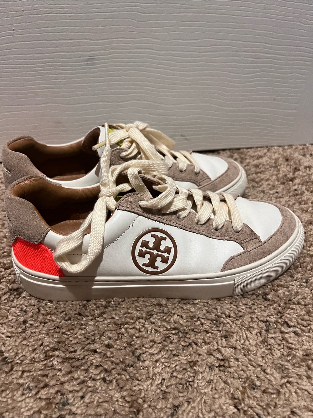 Tory Burch Colorblock Sneakers Tan Suede & Orange Heel Women's Size 5.5